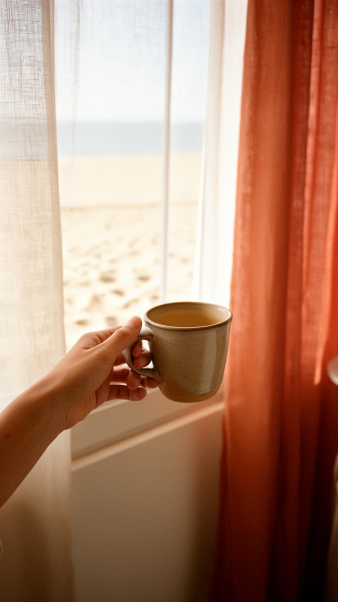 Hand holding a warm cup by a window
